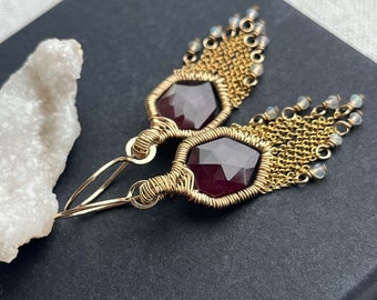 Gold Fringe Chain Earrings, Geometric Garnet Earrings, Elegant Opal Earrings, Gold Statement Earrings for birthday gift and girlfriend gift