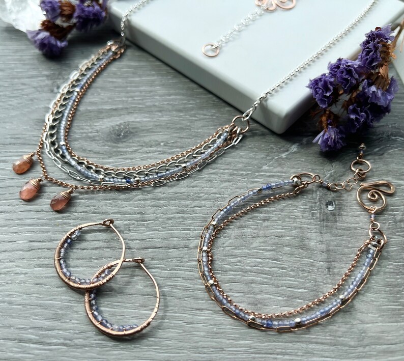 Tanzanite Beaded Hoop Earrings, Small 14k Rose Gold Filled Wire Wrapped Earrings, Powder Blue Gemstone Hoops, Unique Hoops image 7