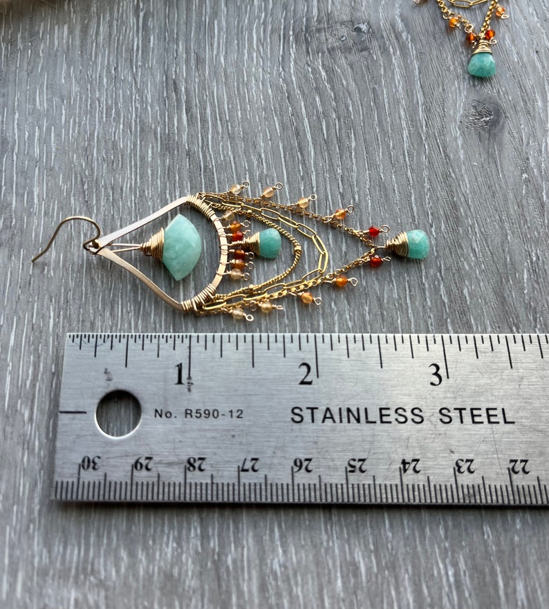 Boho Statement Earrings, Spring Gemstone Chandelier Earrings, Elegant Gold Earrings, Amazonite Earrings for birthday and girlfriend gift imagem 6