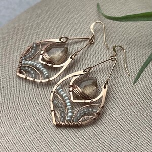 Rose Gold Statement Earrings, Imperial Topaz Earrings, Unique Wire Wrapped Jewelry, Pearl & Blue Topaz Earrings image 3