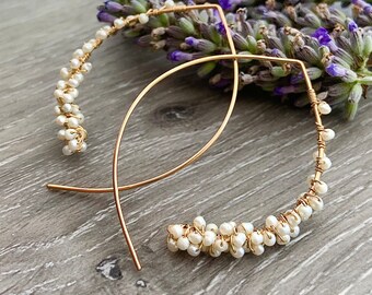 Pearl Threader Earrings, 14K Gold Filled Bridesmaid Earrings, Gemstone Open Hoop Earrings, Elegant Earrings