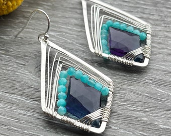 Silver Geometric Earrings, Fluorite Earrings, Unique Gemstone Earrings, Gift for women, Wire Woven Earrings