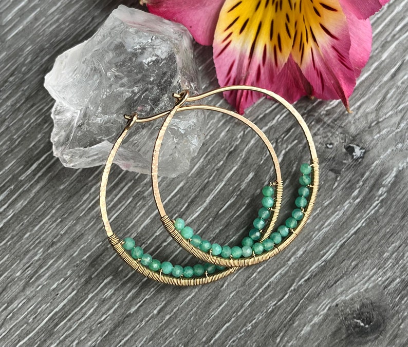 14k Gold Fill Hoops, Green Chrysoprase Earrings, Gemstone Beaded Hoop Earrings, Large Nickel Free Hammered Hoop Earrings image 2