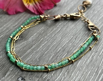 Gold & Chrysoprase Bracelet, Multi Strand Gemstone Bracelet, Perfect Gift For Women, Daughter or Wife.