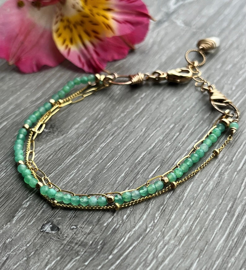 Gold & Chrysoprase Bracelet, Multi Strand Gemstone Bracelet, Perfect Gift For Women, Daughter or Wife. image 1