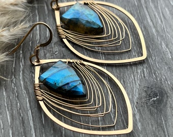 Labradorite Statement Earrings, Gold Feather Earrings, Gift for women