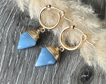 Blue Opal Huggie Hoops, 14k Gold Fill or Sterling Silver Nickel-Free Earrings, Geometric Gemstone Earrings, Mother’s Day Gift