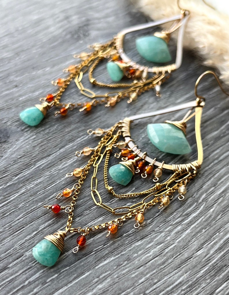 Boho Statement Earrings, Spring Gemstone Chandelier Earrings, Elegant Gold Earrings, Amazonite Earrings for birthday and girlfriend gift image 3