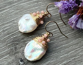 Pearl Gemstone Drop Earrings, 14k Gold Fill Wire Wrapped Earrings, Bridal Jewelry, Dainty GeMstone Earrings, White and Pink Earrings