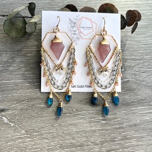 Mixed Metal Statement Earrings, Spring Gemstone Chandelier Earrings, Elegant Earrings, Geometric Earrings for birthday and girlfriend gift imagem 6