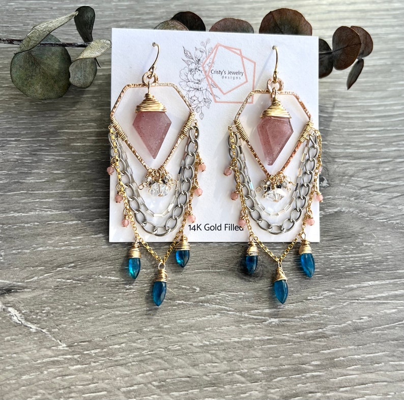 Mixed Metal Statement Earrings, Spring Gemstone Chandelier Earrings, Elegant Earrings, Geometric Earrings for birthday and girlfriend gift image 6