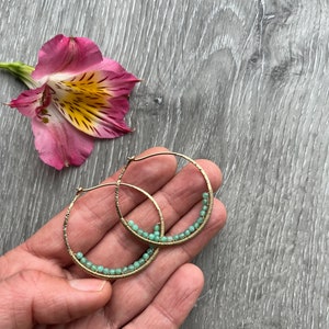 14k Gold Fill Hoops, Green Chrysoprase Earrings, Gemstone Beaded Hoop Earrings, Large Nickel Free Hammered Hoop Earrings image 4