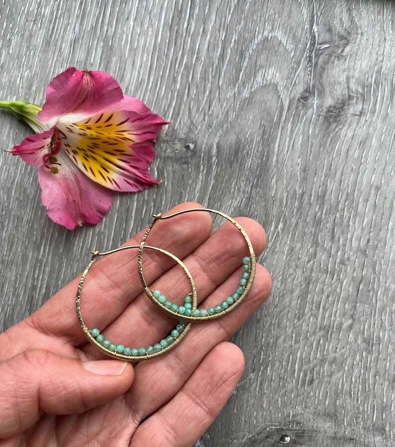 14k Gold Fill Hoops, Green Chrysoprase Earrings, Gemstone Beaded Hoop Earrings, Large Nickel Free Hammered Hoop Earrings image 4