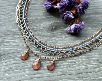 Mixed Metal Gemstone Layered Necklace with and Tanzanite and Rhodochrosite, Rose Gold Multi Chain Necklace Perfect for Spring and Summer