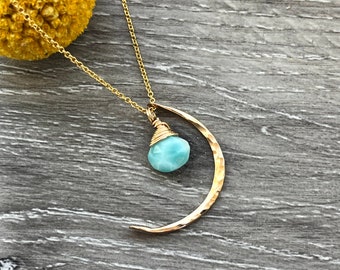 Larimar Crescent Moon Necklace, 14k Gold Celestial Necklace, Gemstone Necklace