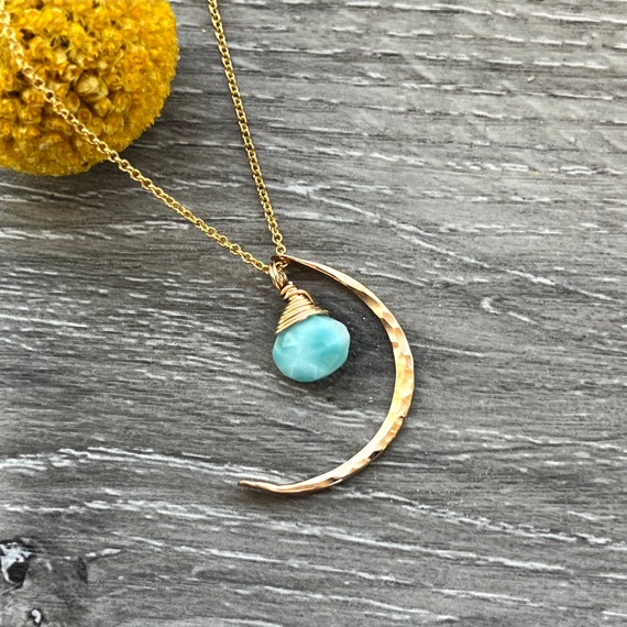 Larimar Crescent Moon Necklace: 14kt Gold Fill Celestial Pendant