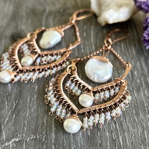 Rose Gold, Pearl and Opal Chandelier Wedding Earrings for Bride, 14k Gold Boho Statement Earrings Gift for Wife for Birthday or Anniversary image 3