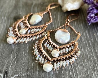 Rose Gold, Pearl and Opal Chandelier Wedding Earrings for Bride, 14k Gold Boho Statement Earrings Gift for Wife for Birthday or Anniversary