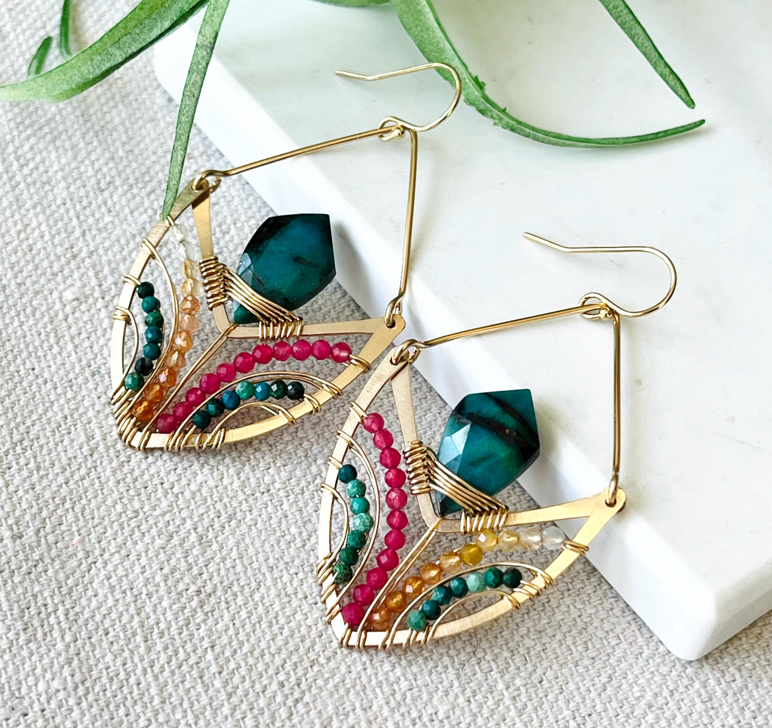 14k Gold Fill Tulip Earrings: Chrysocolla, Carnelian Pink Jade