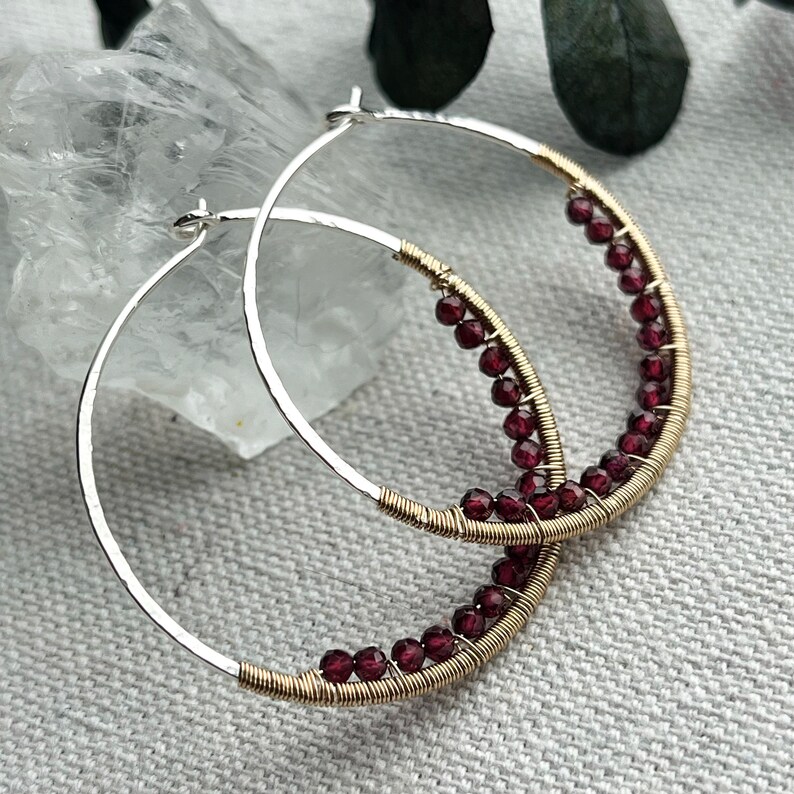 Silver & 14k Gold Fill Hoops, Garnet Earrings, Mixed Metal Gemstone Hoop Earrings, Large Nickel Free Hammered Hoop Earrings image 5