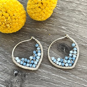 Small Blue Opal Petal Hoop Earrings, 14k Gold Filled Wire Wrapped Earrings, Powder Blue Gemstone Hoops, Unique Hoops image 1