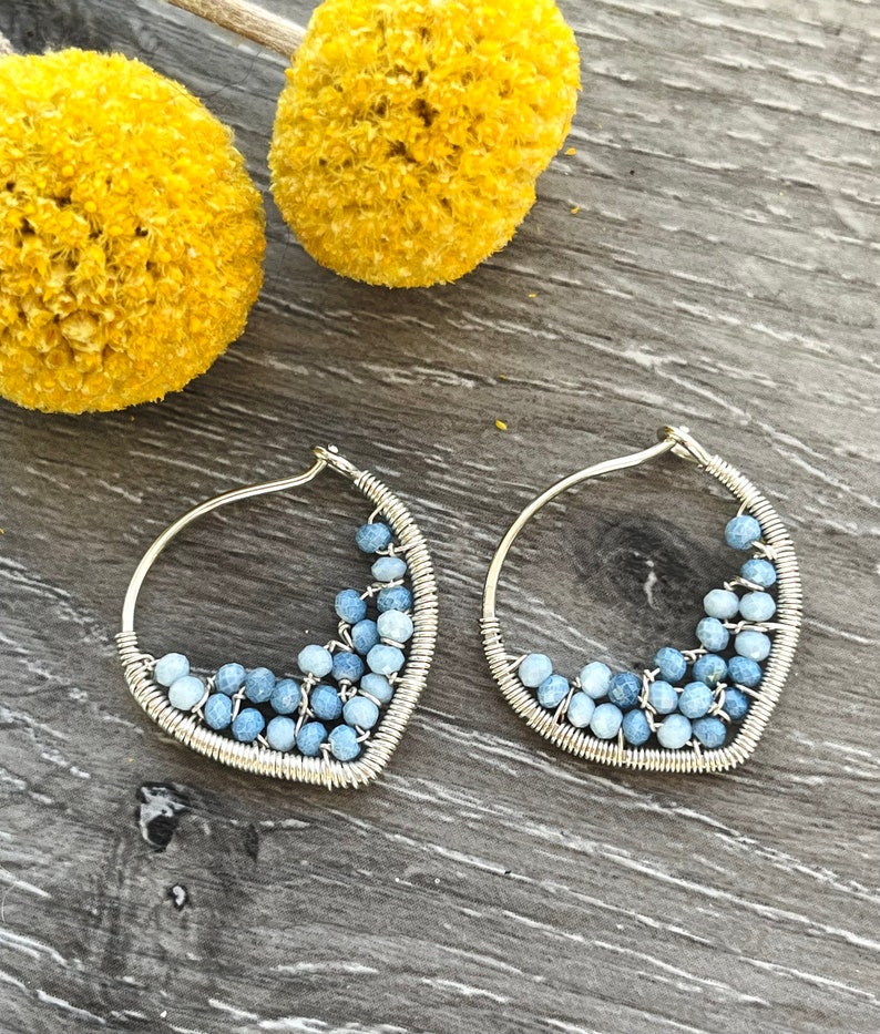 Small Blue Opal Petal Hoop Earrings, 14k Gold Filled Wire Wrapped Earrings, Powder Blue Gemstone Hoops, Unique Hoops image 1