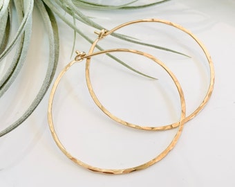 Large 14Kt Gold Fill Hammered Circle Hoop - Round Hoops, Everyday Earrings, Light Weight Earrings, Nickel-Free