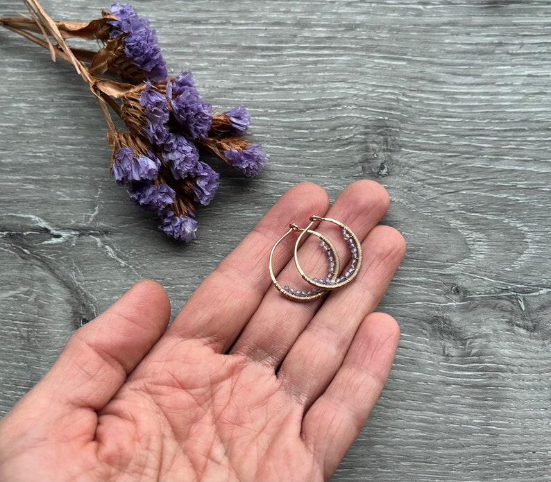 Tanzanite Beaded Hoop Earrings, Small 14k Rose Gold Filled Wire Wrapped Earrings, Powder Blue Gemstone Hoops, Unique Hoops image 4