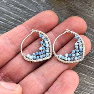 Small Blue Opal Petal Hoop Earrings, 14k Gold Filled Wire Wrapped Earrings, Powder Blue Gemstone Hoops, Unique Hoops image 3