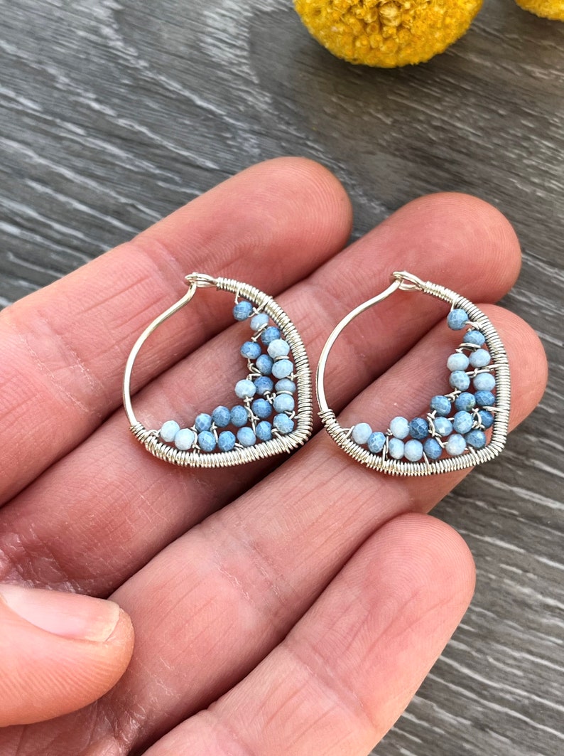 Small Blue Opal Petal Hoop Earrings, 14k Gold Filled Wire Wrapped Earrings, Powder Blue Gemstone Hoops, Unique Hoops image 3