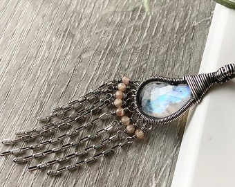 Oxidized Silver Boho Fringe Necklace, Rainbow Moonstone Teardrop Necklace, Wire Wrapped Artisan Jewelry, Mother’s Day Gift, Tassel Necklace