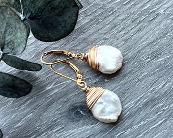 Modern Minimal Pearl Earrings, 14k Gold Fill Earrings