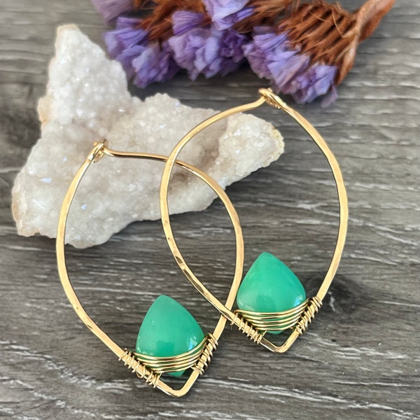 Chrysoprase Gemstone Leaf Hoop Earrings made with Nickel-Free 14k Gold Fill for Sensitive Ears Gift for Wife for Birthday Crystal Earrings