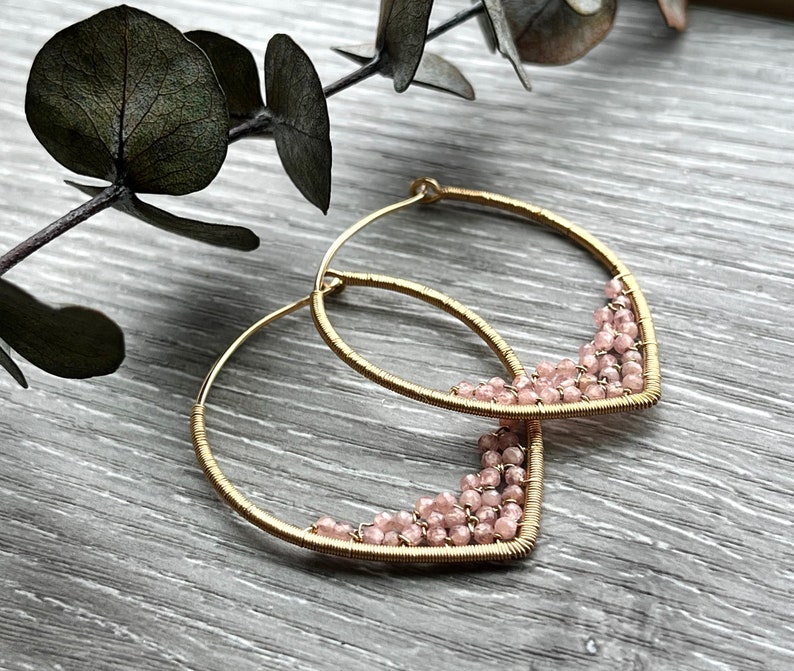 Gemstone Beaded Hoop Earrings, Pink Rhodochrosite Earrings, 14k Gold Filled Wire Wrapped Earrings, Powder Blue Gemstone Hoops, Unique Hoops image 2