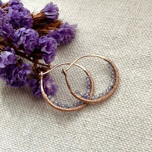 Tanzanite Beaded Hoop Earrings, Small 14k Rose Gold Filled Wire Wrapped Earrings, Powder Blue Gemstone Hoops, Unique Hoops image 6