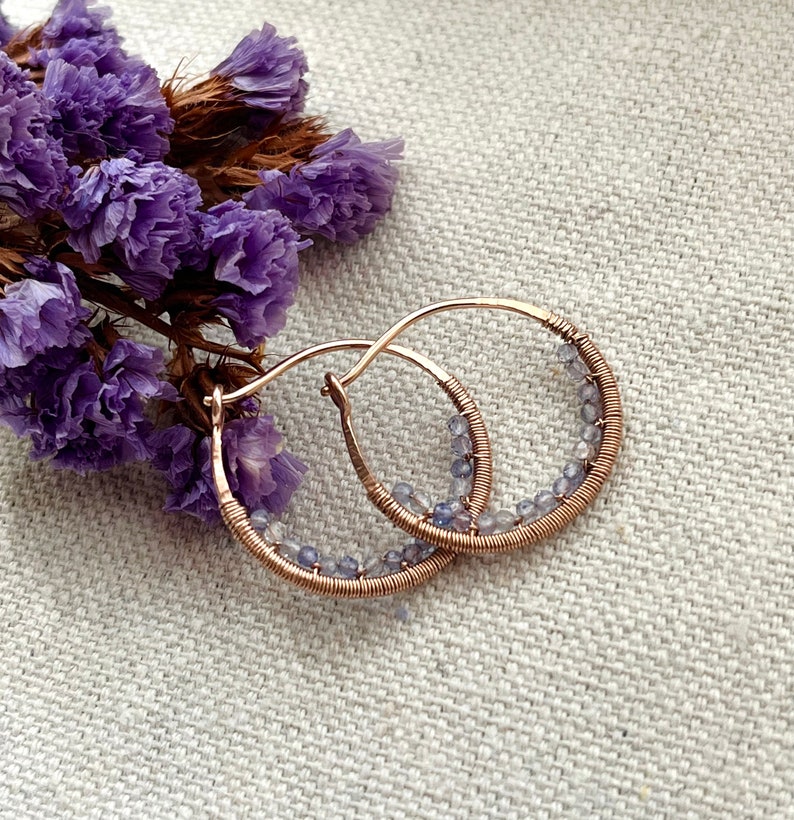 Tanzanite Beaded Hoop Earrings, Small 14k Rose Gold Filled Wire Wrapped Earrings, Powder Blue Gemstone Hoops, Unique Hoops image 6