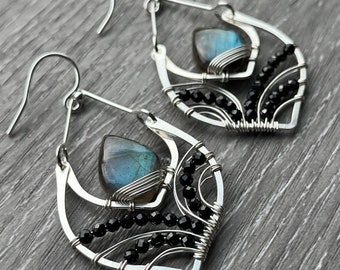 Labradorite Earrings, Sterling Silver Earrings,  Unique Wire Wrapped Jewelry, Nickel free jewelry, Wire Wrapped Earrings