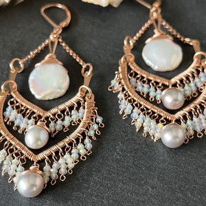 Rose Gold, Pearl and Opal Chandelier Wedding Earrings for Bride, 14k Gold Boho Statement Earrings Gift for Wife for Birthday or Anniversary image 2