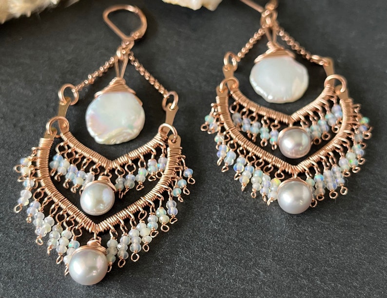 Rose Gold, Pearl and Opal Chandelier Wedding Earrings for Bride, 14k Gold Boho Statement Earrings Gift for Wife for Birthday or Anniversary image 2