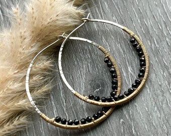 Silver & 14k Gold Fill Hoops, Black Spinel Earrings, Mixed Metal Gemstone Hoop Earrings,  Large Nickel Free Hammered Hoop Earrings