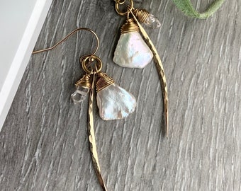 Boucles d’oreilles en perles, boucles d’oreilles en or 14 carats, boucles d’oreilles uniques en diamant Herkimer, boucles d’oreilles en argent énervé, cadeau pour elle