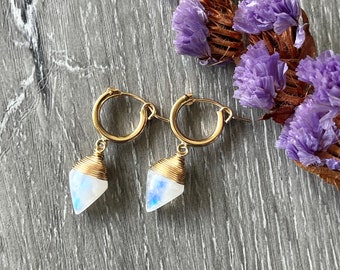 Rainbow Moonstone Huggie Hoops, 14k Gold Fill or Sterling Silver Nickel-Free Earrings, Geometric Gemstone Earrings, Mother’s Day Gift