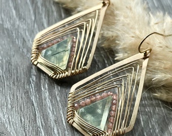 Gold Geometric Earrings, Prehnite Earrings, Spring Statement Earrings, Unique Gemstone Earrings, Gift for women, Wire Woven Earrings