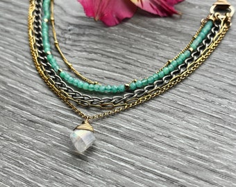 Mixed Metal Gemstone Layered Necklace with and Chrysoprase and Rainbow Moonstone, Gold Multi Chain Necklace Perfect for Spring and Summer