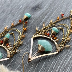 Boho Statement Earrings, Spring Gemstone Chandelier Earrings, Elegant Gold Earrings, Amazonite Earrings for birthday and girlfriend gift image 2