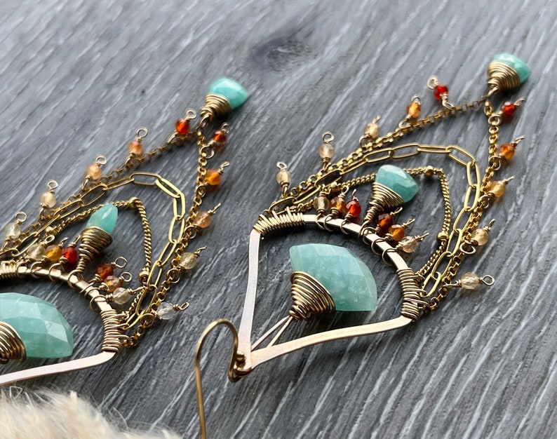 Boho Statement Earrings, Spring Gemstone Chandelier Earrings, Elegant Gold Earrings, Amazonite Earrings for birthday and girlfriend gift image 2