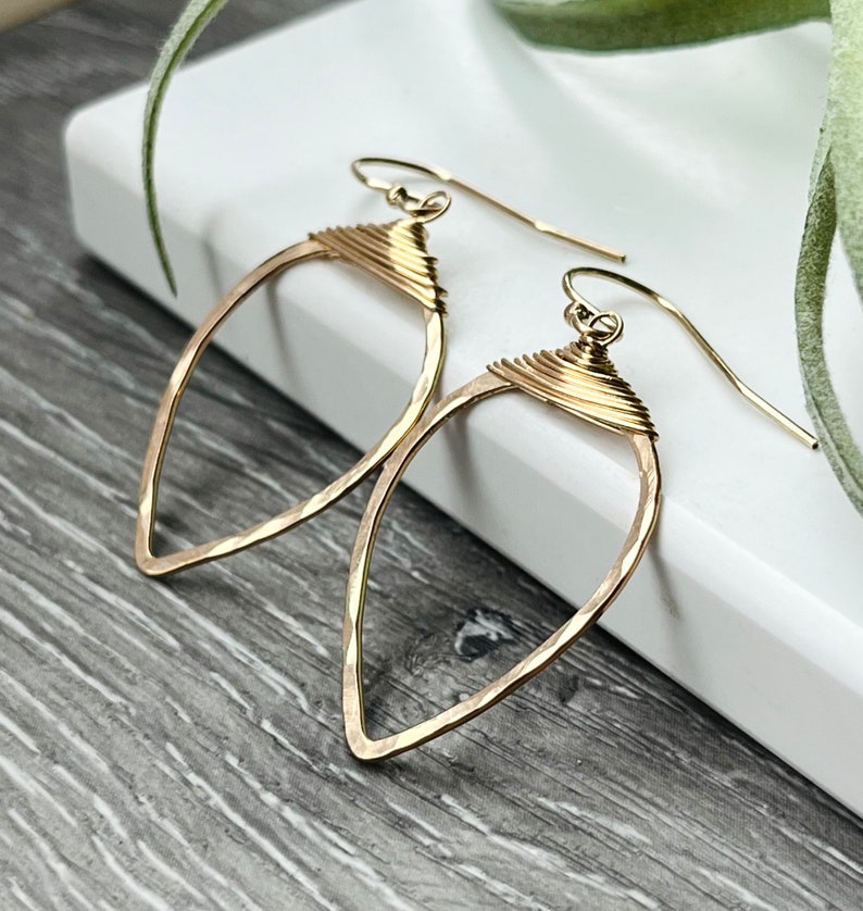 Gold Raindrop Earrings, Hammered Inverted Teardrop Earrings, 14K Gold Fill Earrings, Delicate Silver Earrings image 1