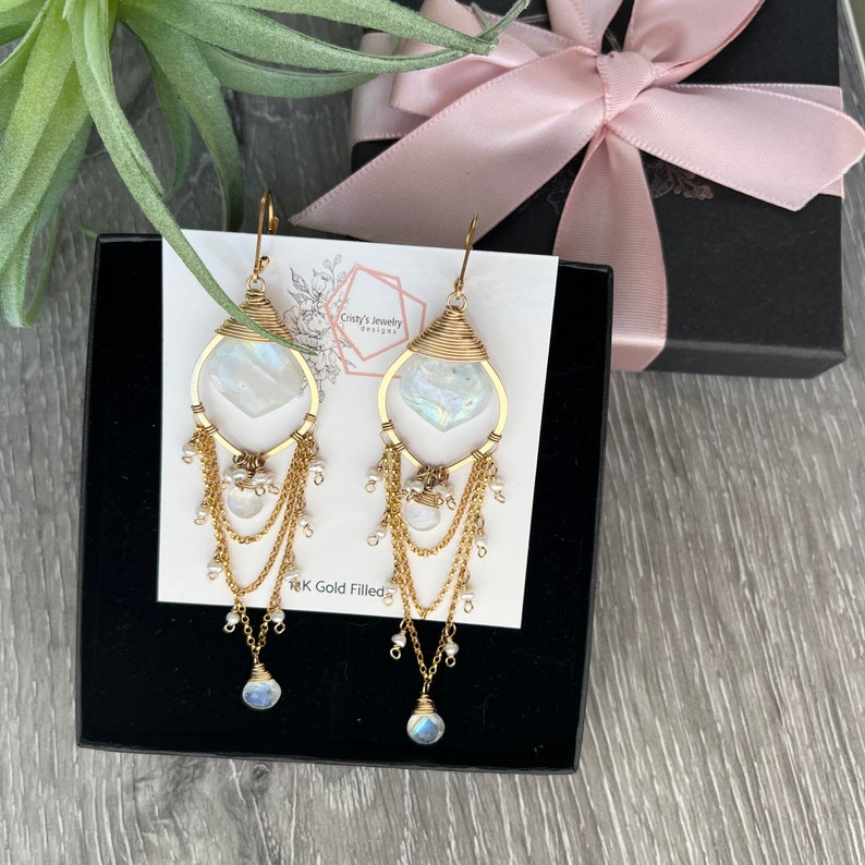 Rainbow Moonstone Chandelier Earrings, 14K Gold Fill Boho Earrings, Gemstone Leaf Statement Earrings, Wedding Earrings, Bridal Jewelry image 5