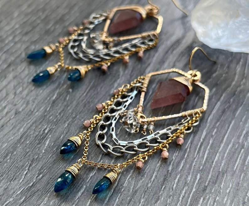 Mixed Metal Statement Earrings, Spring Gemstone Chandelier Earrings, Elegant Earrings, Geometric Earrings for birthday and girlfriend gift imagem 8