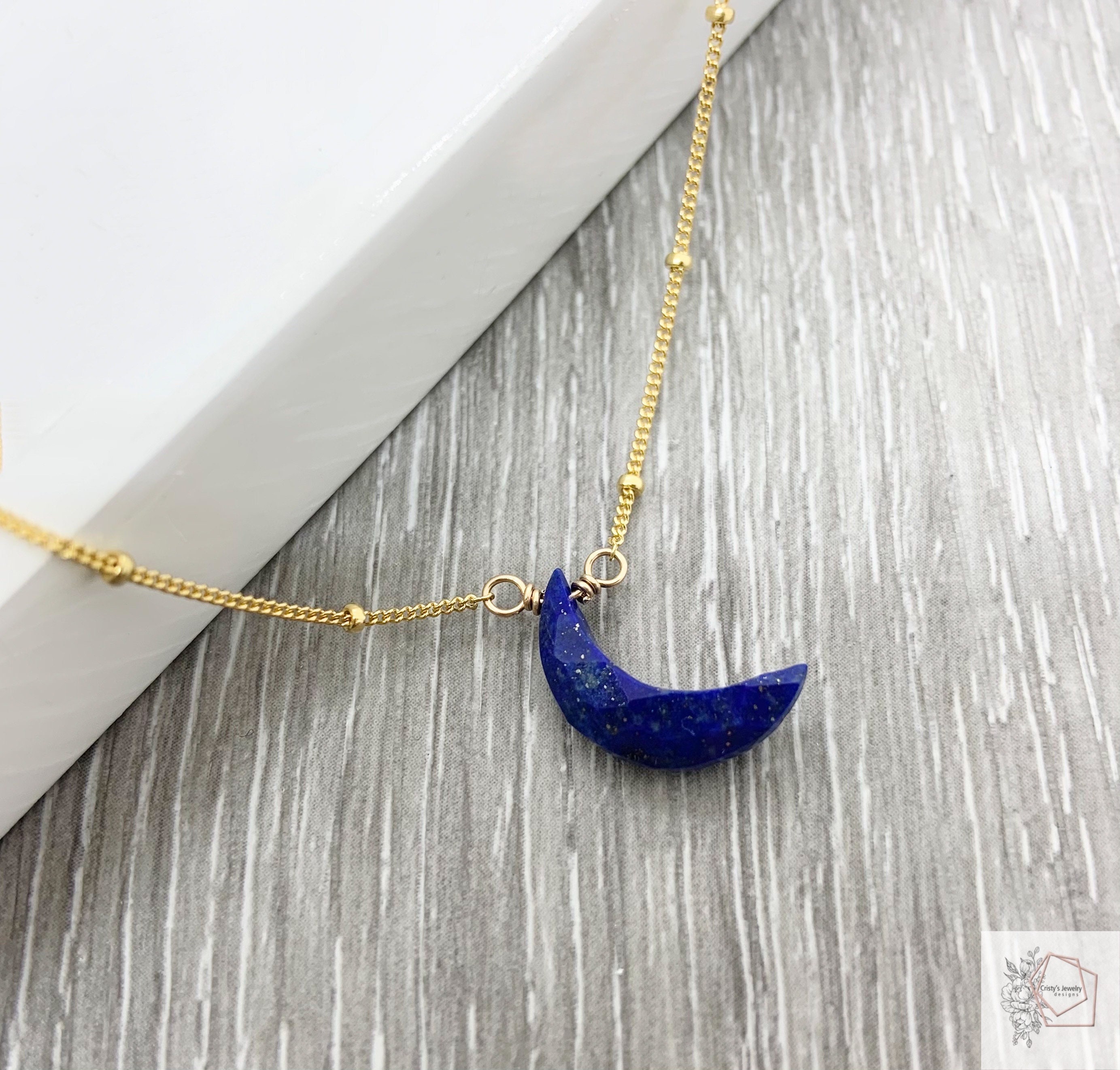 Gemstone Moon Necklace Lapis Lazuli Pendant Crescent Etsy